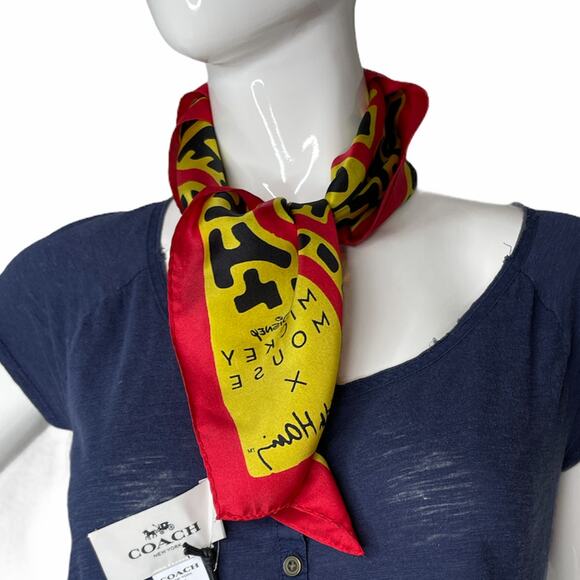 Coach Disney Mickey Mouse X Keith Haring Silk Bandana Scarf NWOT - Picture 3 of 3